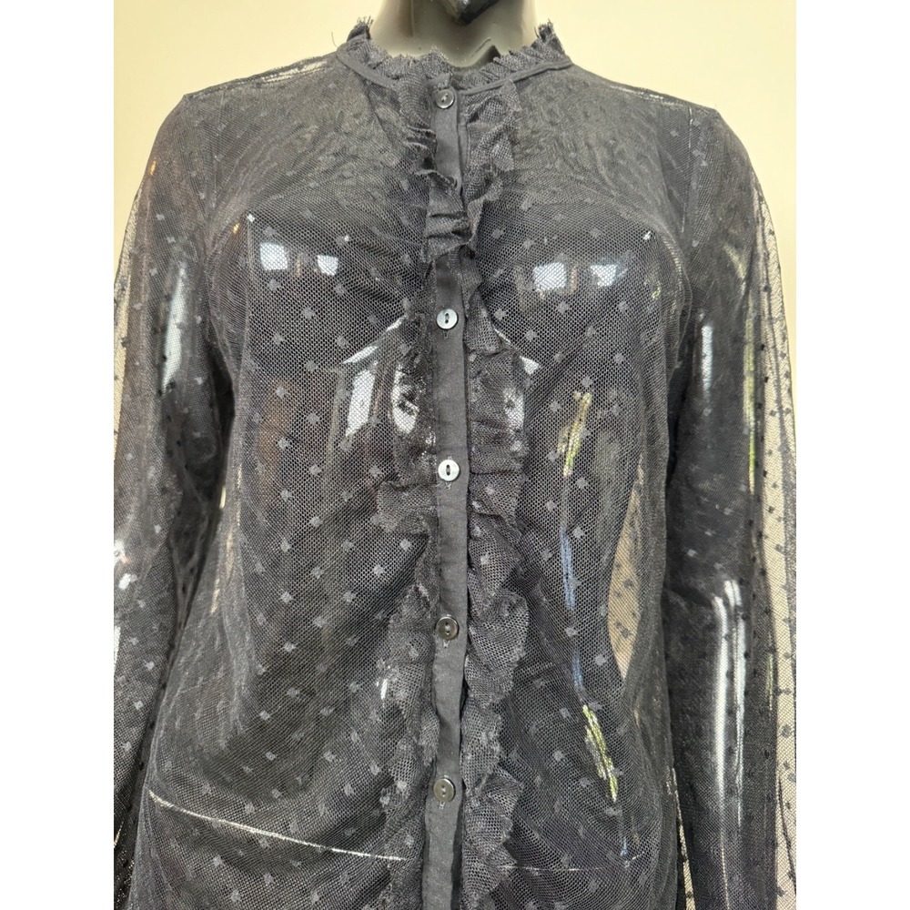 Hesperus Sheer Mesh Blouse Women L Black Swiss Dot Ruffle Victorian Style Top - Picture 10 of 10